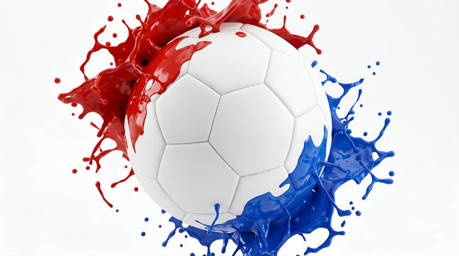 Dynamic white soccer ball with exploding red and blue paint splashes, creative sports energy concept isolated on white background.