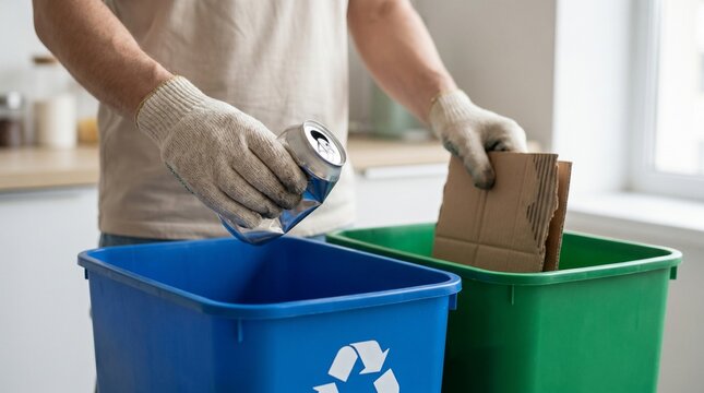 Person wearing gloves sorts recyclables into blue and green bins, demonstrating responsible waste management and environmental awareness