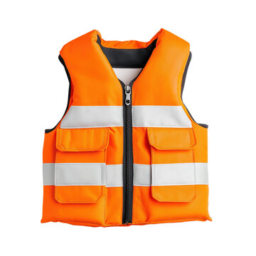 Orange high visibility safety vest with reflective strips pockets isolated on transparent background PNG element