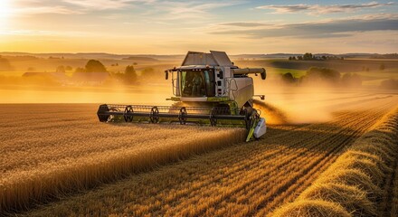 Fototapeta premium Combine harvester working in a golden wheat field during sunset. Agricultural production and food supply chain.