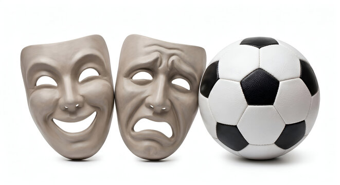Classic comedy and tragedy theatrical masks next to a soccer ball, the emotional drama of sports concept isolated on white background.