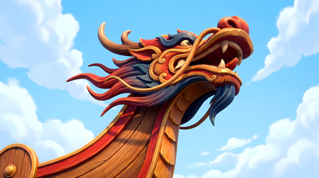 Colorful cartoon dragon head boat prow illustration against blue sky with clouds
