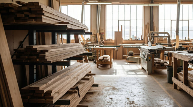 A view of wooden planks stacked neatly on shelves in a well-lit carpentry workshop with various woodworking machines and tools visible in background.