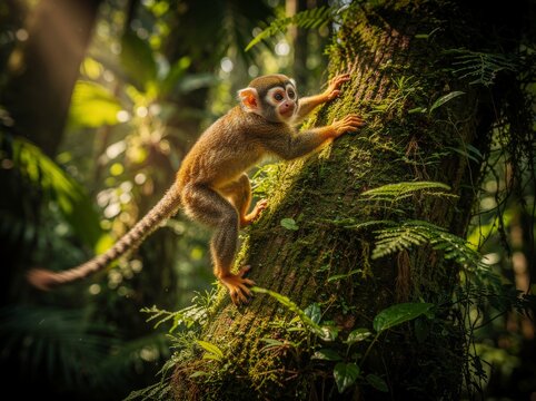 Pygmy Marmoset Scampers Up a Mossy Tree in the Jungle