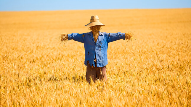 scarecrow wearing blue shirt and straw hat standing in golden wheat field
