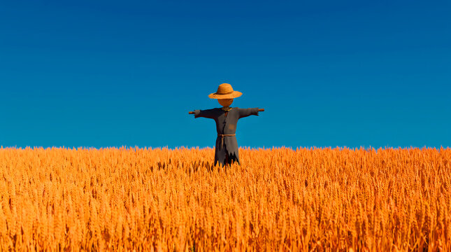 scarecrow wearing straw hat standing in golden wheat field under blue sky