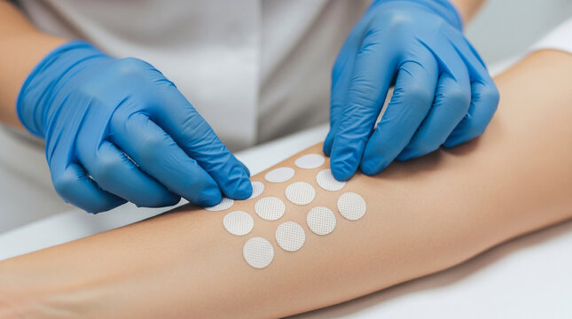 A healthcare professional wearing blue gloves applying multiple white round patches to a person's forearm, performing a skin allergy test in a medical setting.