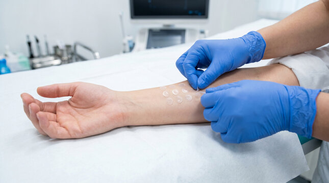 Medical professional performing skin allergy patch test on forearm of patient in clinical setting using adhesive discs for diagnostic evaluation of dermatitis and hypersensitivity.