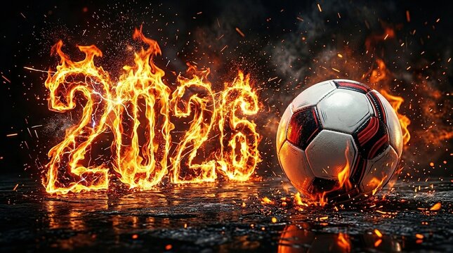 Soccer world championship tournament two thousand twenty six text burning with flames of fire and classic ball on dark wet floor with sparks and glowing embers.