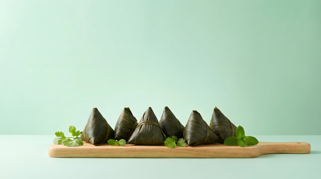 Traditional Chinese Zongzi rice dumplings arranged on a wooden board with green decorations