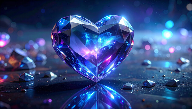 Faceted crystal heart jewel on reflective surface