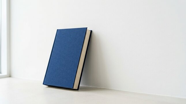 Minimalist blue hardcover book standing upright on white surface against plain wall background ideal for design presentations or academic study mockups and displays.