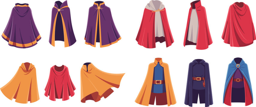 Vector set of medieval superhero and fantasy wizard capes and cloaks isolated on a white background