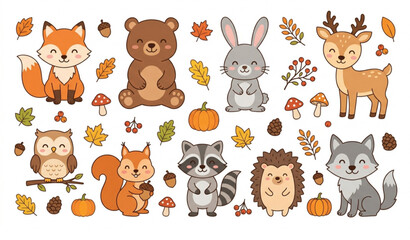 Cute forest animals cartoon vector set with autumn elements for nursery poster and sticker design © joy