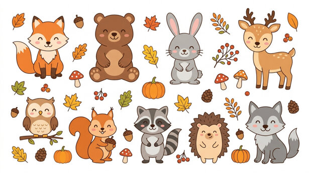 Cute forest animals cartoon vector set with autumn elements for nursery poster and sticker design