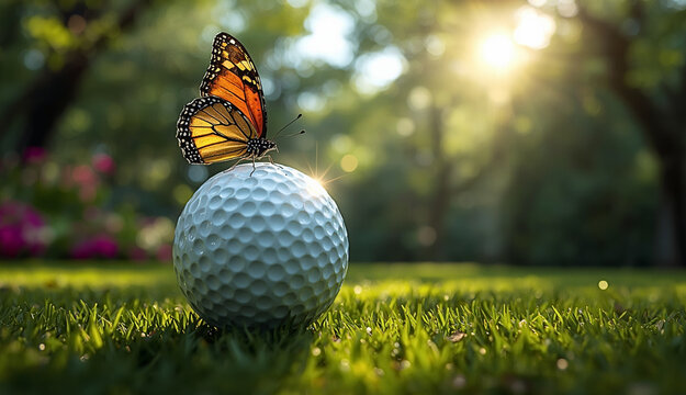 a beautiful butterfly sitting on a golf ball at a golf course ai