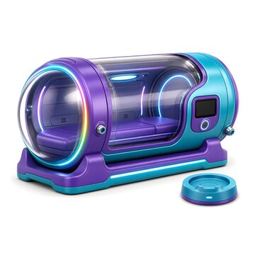 AI-generated futuristic hyperbaric oxygen chamber with neon LED lighting on white background