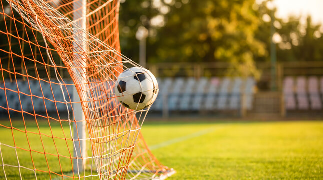Close up shot of a soccer ball hitting the back of the goal net