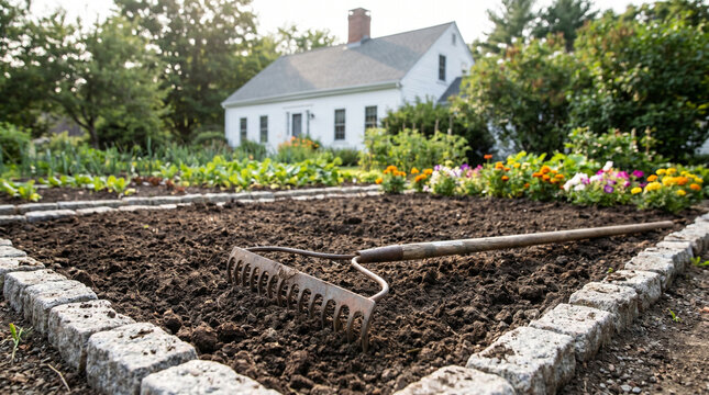 A garden rake rests on rich, dark soil in a neatly tilled garden plot, with lush green plants and colorful flowers thriving under warm sunlight, an inviting home standing peacefully in background.