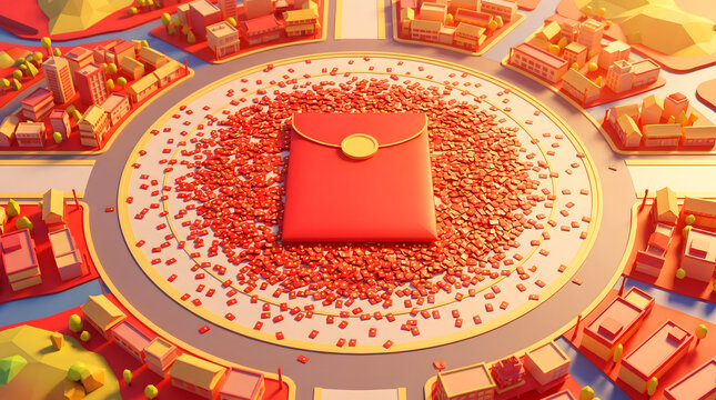 Red envelope placed in the center of a circular plaza viewed from above with surrounding city buildings