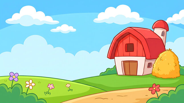 Cartoon style red roof barn with haystack and flowers on green grass under blue sky