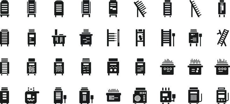 Icons depicting laboratory sample preparation and experimental apparatus offer a standardized set for scientific and technical documentation needs.