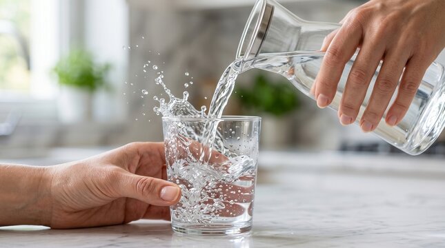 Refreshing water being poured from a pitcher into a glass, creating a dynamic splash, symbolizing pure hydration and a healthy lifestyle in a bright kitchen