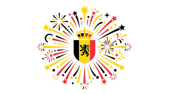 Belgian coat of arms emblem with festive firework celebration.