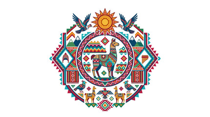 Colorful Andean folk art illustration featuring a llama in a circular decorative frame. © Chico Jerico