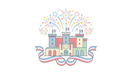 Fototapeta premium Colorful hand drawn castle illustration with festive fireworks and decorative ribbon banner.