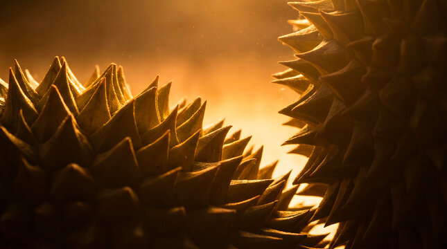 Close up texture of durian shell illuminated by golden backlight with sharp spikes