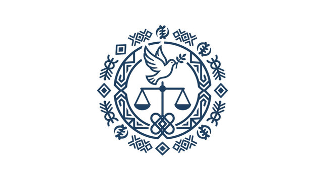 Circular Emblem Featuring a Dove and Scales of Justice with African Patterns.