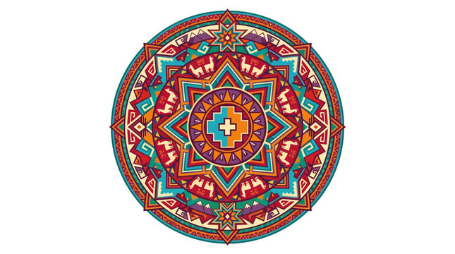 Colorful Andean Inspired Circular Mandala Pattern Featuring Llamas and Geometric Symbols.