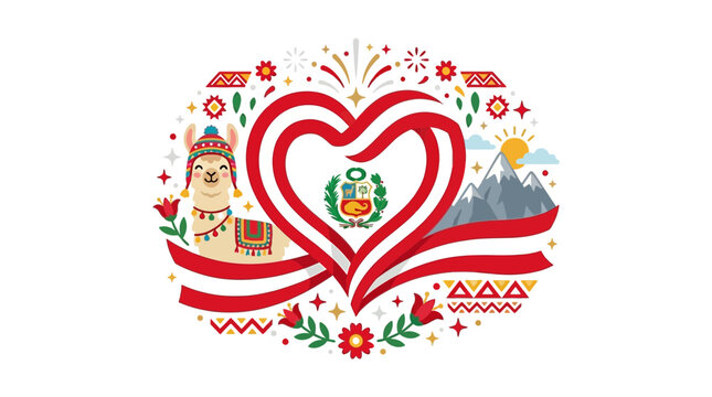 Decorative illustration celebrating Peru with heart shaped flag and cultural icons.