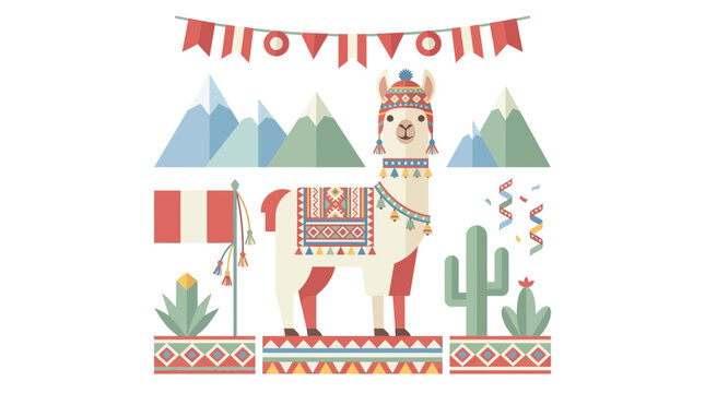 Decorative Llama Character Illustration with Peruvian Cultural Elements.