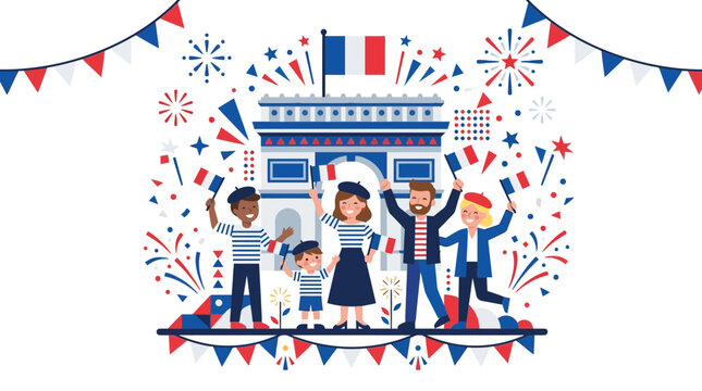 Diverse group of happy people celebrating French national holiday in Paris.
