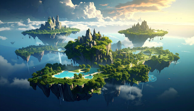 Floating islands with lush vegetation