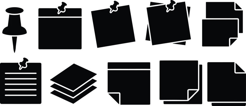 Set of black silhouette sticky note and thumbtack icons for design