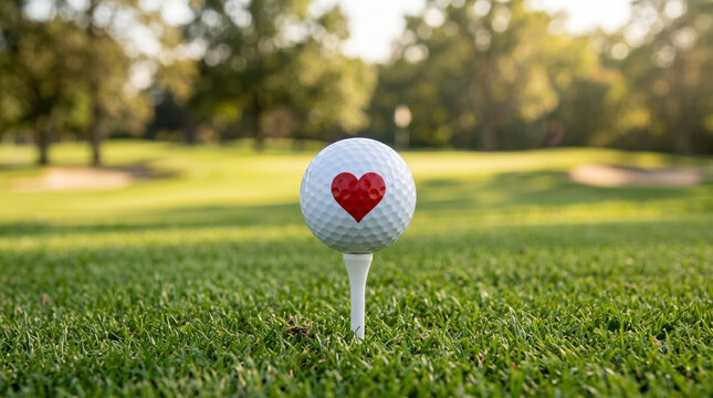 Macro view of white golf ball with red heart print on tee positioned on green grass during sunset with blurred trees and bunkers for love of game and charity tournament concepts.