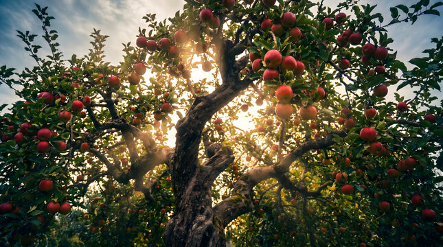 Sunlight shining through an apple tree laden with ripe red fruit in an orchard