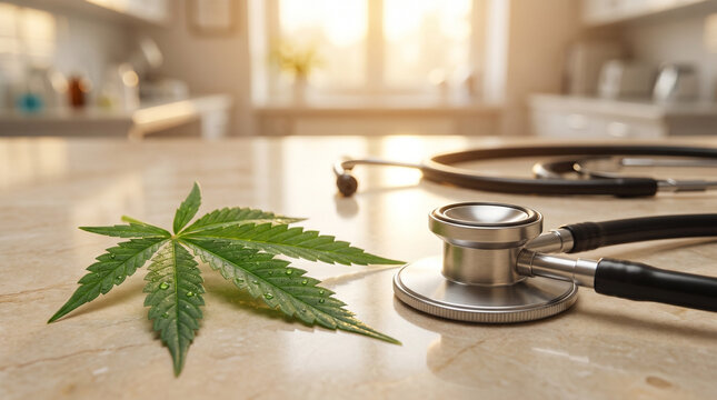 Fresh cannabis leaf with water droplets and a silver stethoscope on a light marble counter in a sunlit medical office, for health topics.