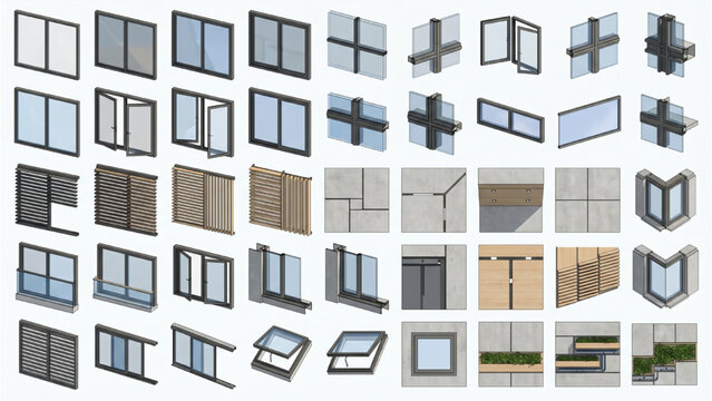 Futuristic Modern Window and Facade CAD Blocks Top View Architecture Vector Set