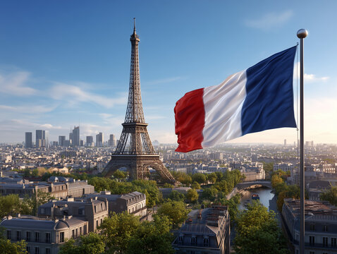 Eiffel tower landmark in paris with french flag flying