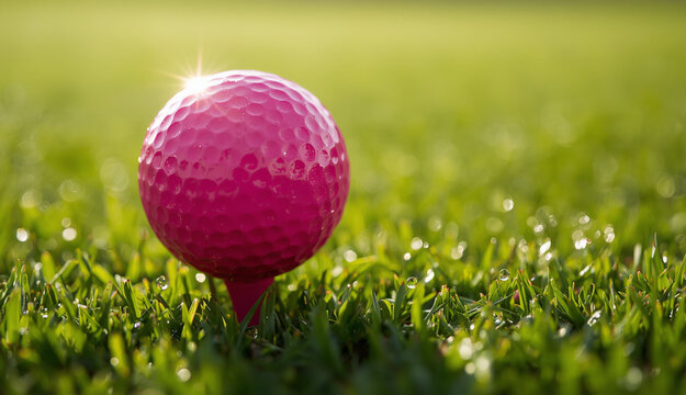 Bright pink golf ball on the golf course lawn 