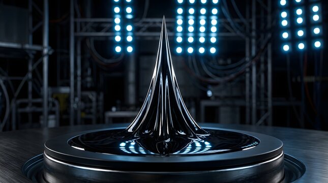 A ferrofluid spike forms in a magnetic field on a black surface in a lab setting with blue lights.