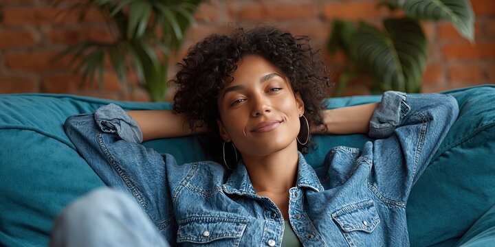 Woman taking nap on couch - modern female model relaxing on sofa in living room at home