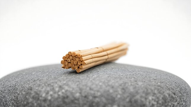 Close-up of a small bundle of sticks resting on a smooth gray stone.