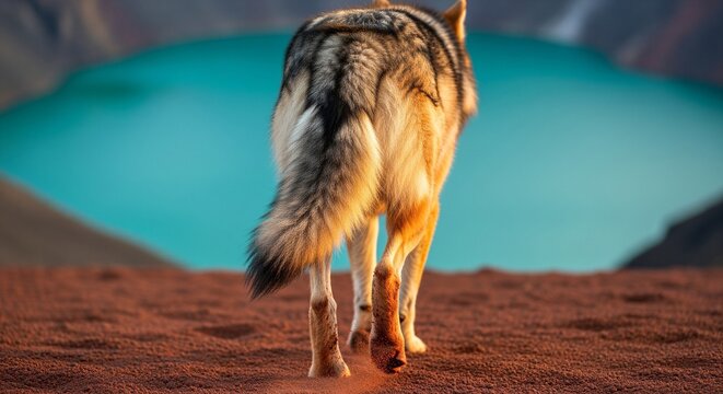 Rear view of a wild wolf walking on red ground