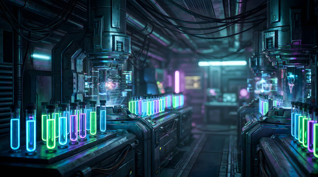 Sci fi laboratory scene with neon glowing chemical reagents