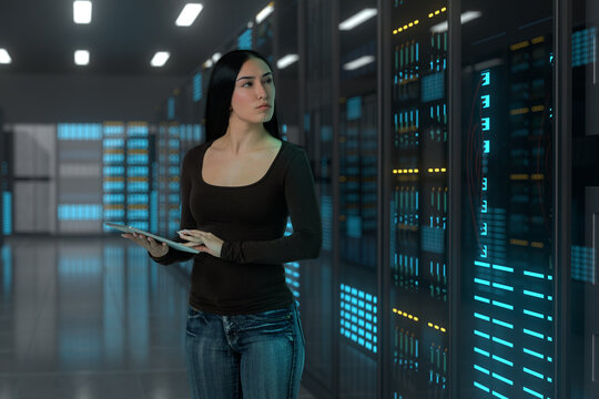 Woman managing digital operations beside 3D server systems